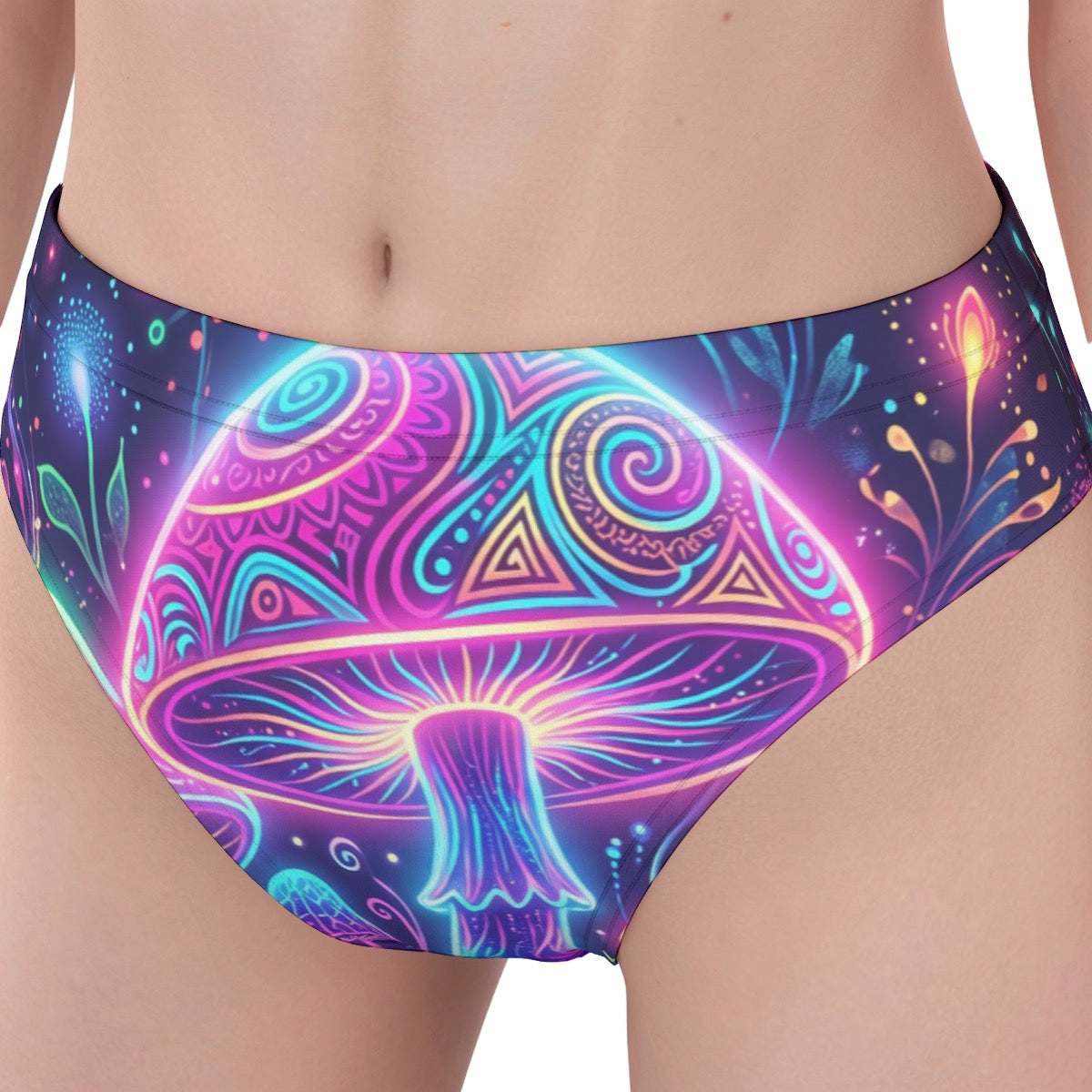 LuckeLadybug bikini featuring a vibrant mushroom psychedelic design with colorful patterns