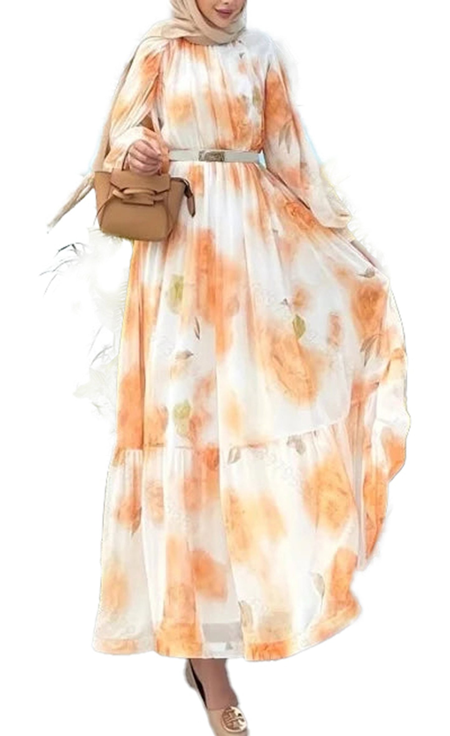 Elegant Muslim women's printed abaya dress in orange and white with flowing sleeves and a stylish waistband