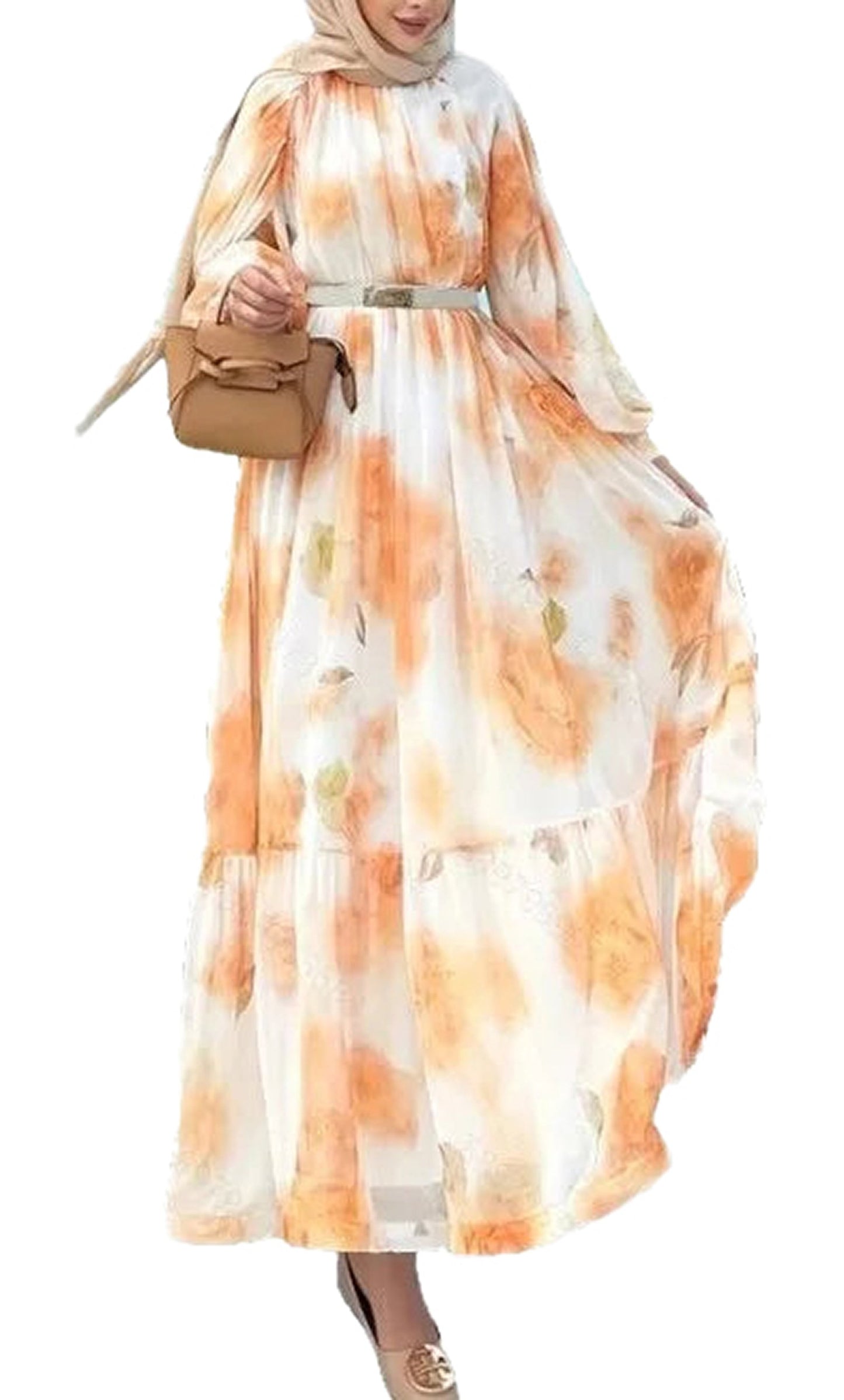 LuckeLadybug LLC Muslim women's printed abaya dress in floral design with flowing sleeves and a waist belt
