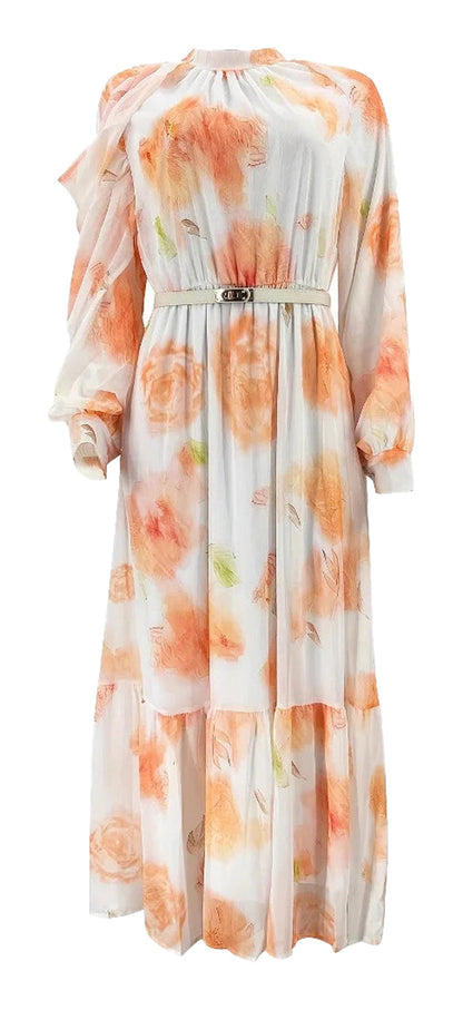 LuckeLadybug Muslim women's printed abaya dress with floral design and elegant belt detail