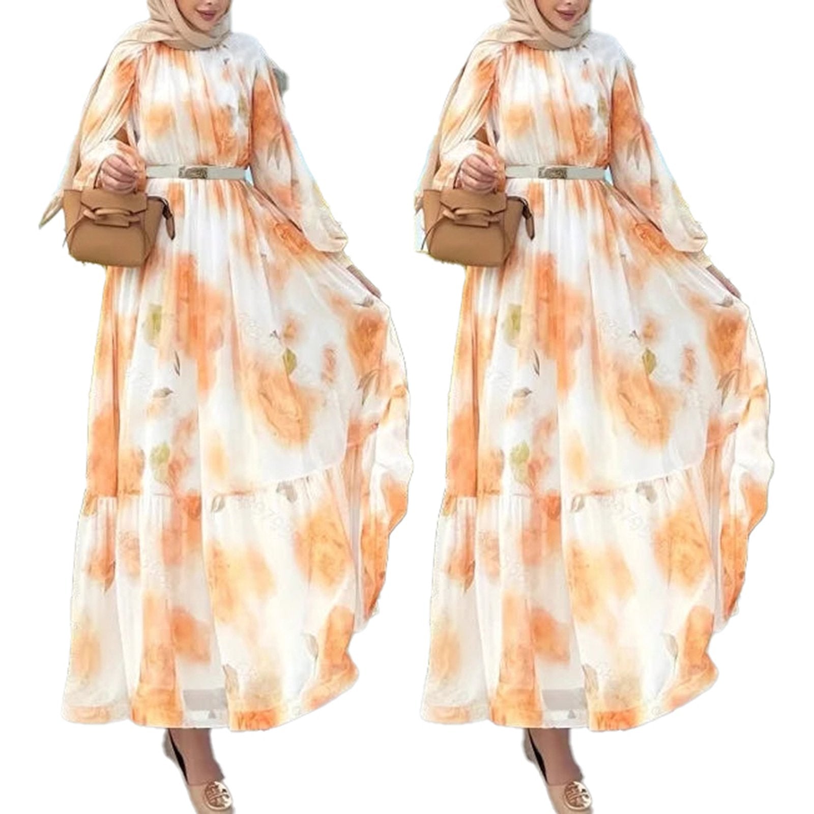 LuckeLadybug LLC Muslim women's printed abaya dress in floral design with flowing sleeves and waist belt