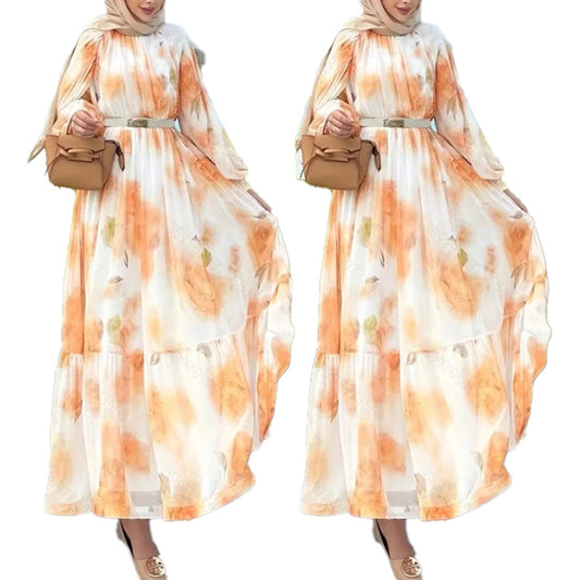 LuckeLadybug LLC Muslim women's printed abaya dress in floral design with flowing sleeves and waist belt