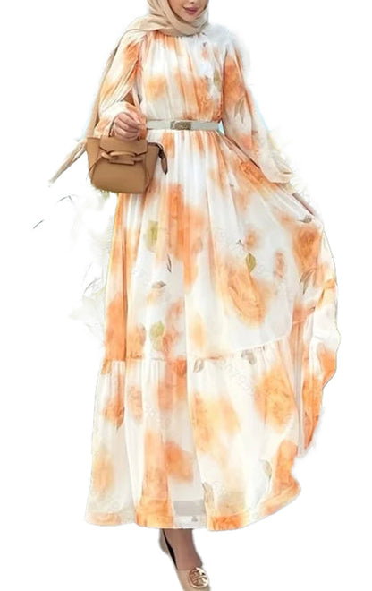 Muslim women's printed abaya dress in orange floral design, perfect for elegant occasions