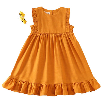 Adorable Mustard Linen Ruffle Dress: Perfect Pick For Your Stylish Little One! - LuckeLadybug LLC