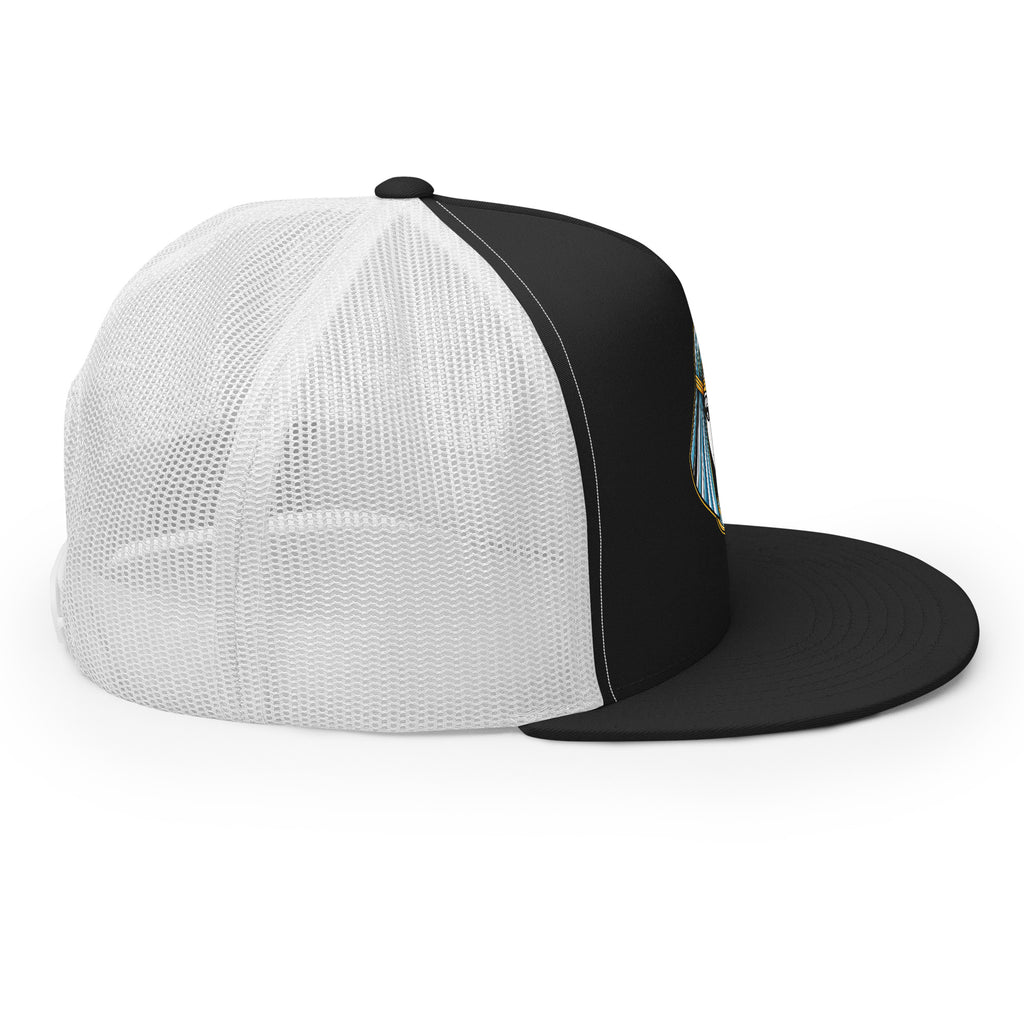 LuckeLadybug black and white trucker hat with mesh back and Mystic Egypt graphic cap design