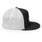 LuckeLadybug black and white trucker hat with mesh back and Mystic Egypt graphic cap design