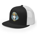 LuckeLadybug black and white trucker hat featuring Mystic Egypt graphic cap design with Egyptian queen illustration