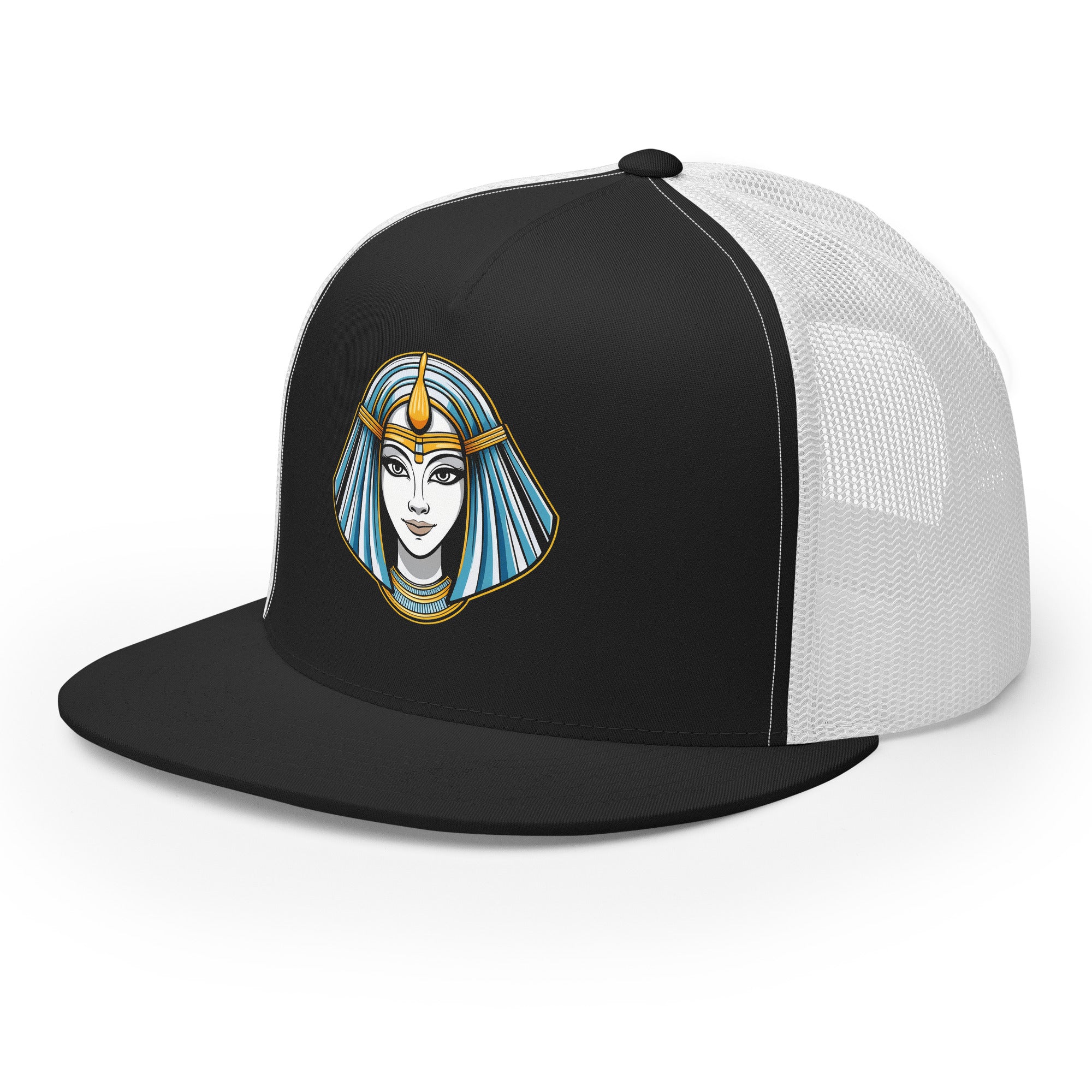 LuckeLadybug black and white trucker hat featuring Mystic Egypt graphic cap design with Egyptian queen illustration