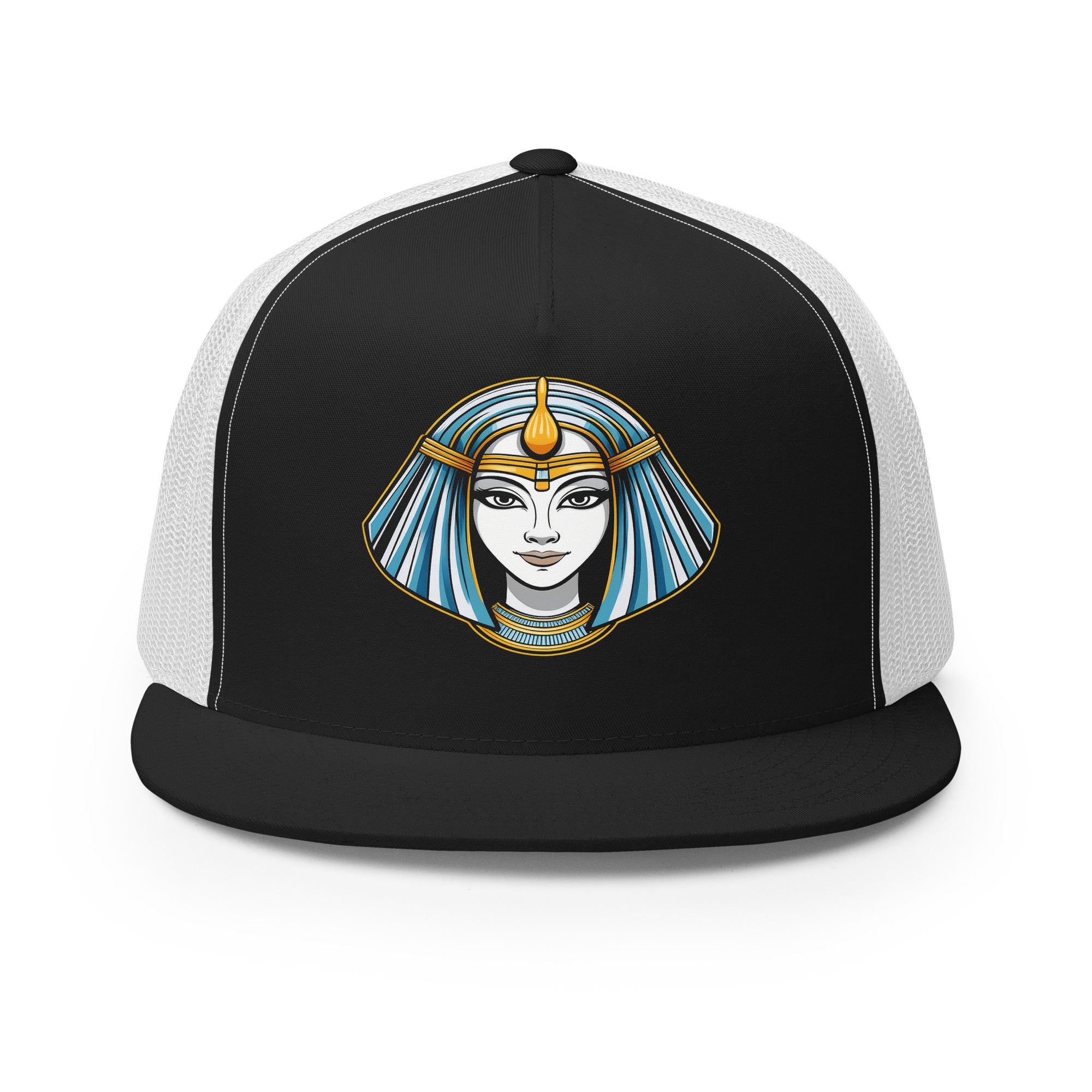LuckeLadybug trucker hat with black front and white mesh featuring Mystic Egypt graphic cap design