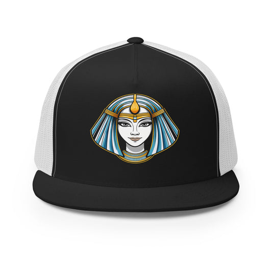 LuckeLadybug trucker hat with black front and white mesh featuring Mystic Egypt graphic cap design