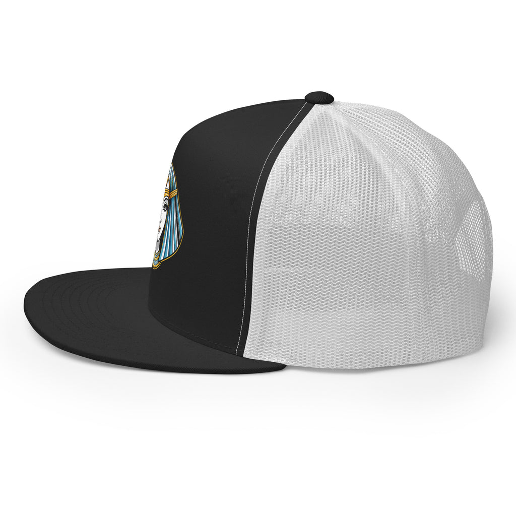 LuckeLadybug black and white trucker hat featuring Mystic Egypt graphic cap design with mesh back