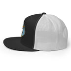 LuckeLadybug black and white trucker hat featuring Mystic Egypt graphic cap design with mesh back