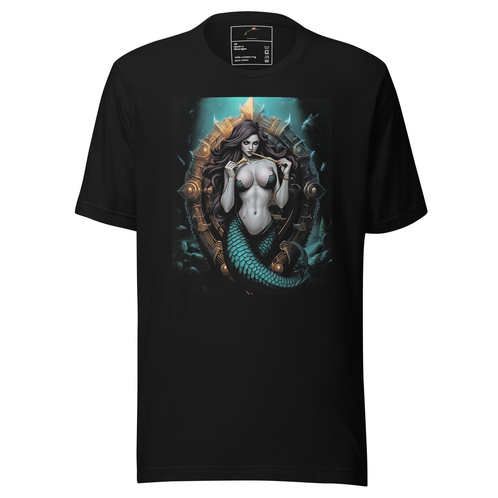 Black LuckeLadybug mystical mermaid tee featuring a detailed graphic of a dark-haired mermaid with a blue tail
