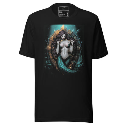 Black LuckeLadybug mystical mermaid tee featuring a detailed graphic of a dark-haired mermaid with a blue tail