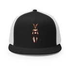 LuckeLadybug black and white trucker hat featuring a mystical warrior hat design with a female warrior graphic