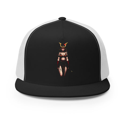 LuckeLadybug black and white trucker hat featuring a mystical warrior hat design with a female warrior graphic