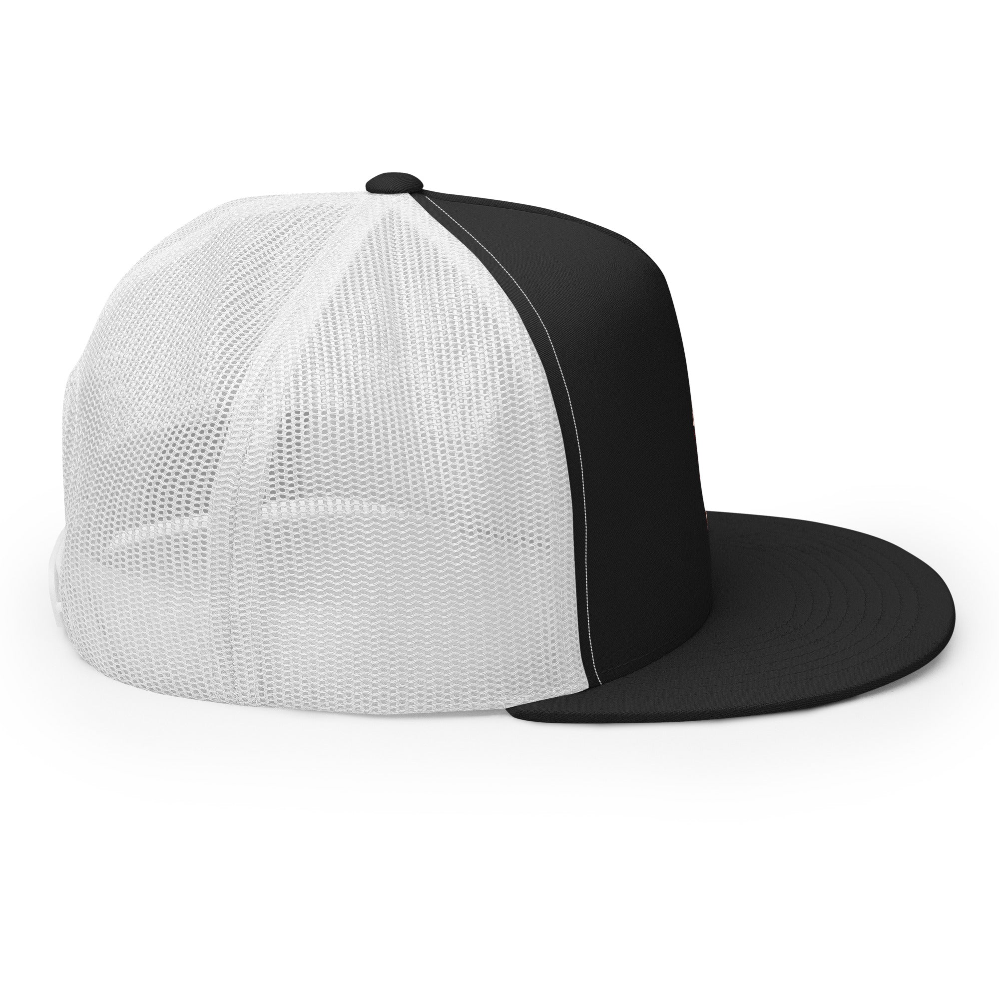 LuckeLadybug black and white trucker hat with mesh back styled as mystical warrior hat