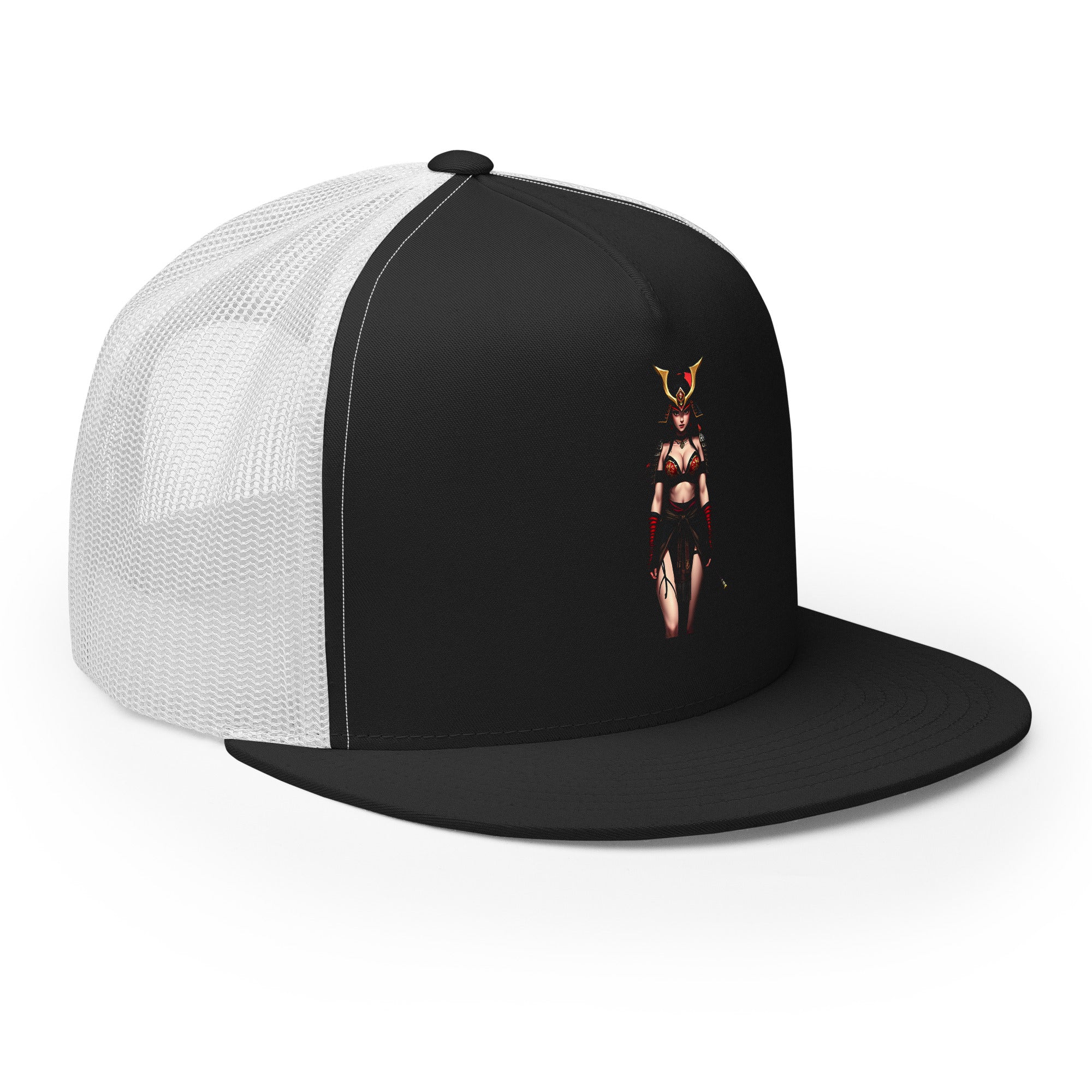 LuckeLadybug black and white trucker hat featuring a mystical warrior hat design on the front panel