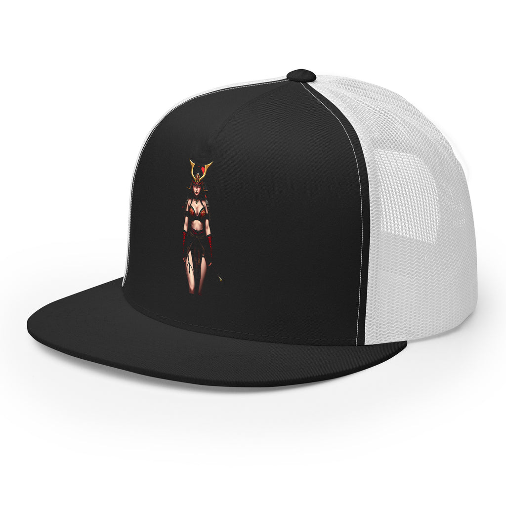 LuckeLadybug black and white trucker hat featuring a mystical warrior hat design with a fantasy warrior graphic