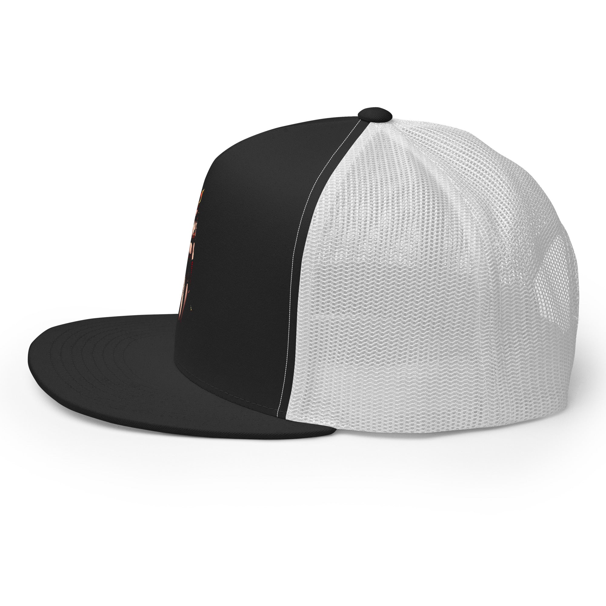 LuckeLadybug black and white trucker hat featuring a mystical warrior hat design with mesh back