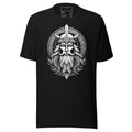 Black mythical Norse t-shirt with detailed Viking warrior graphic and intricate Nordic design