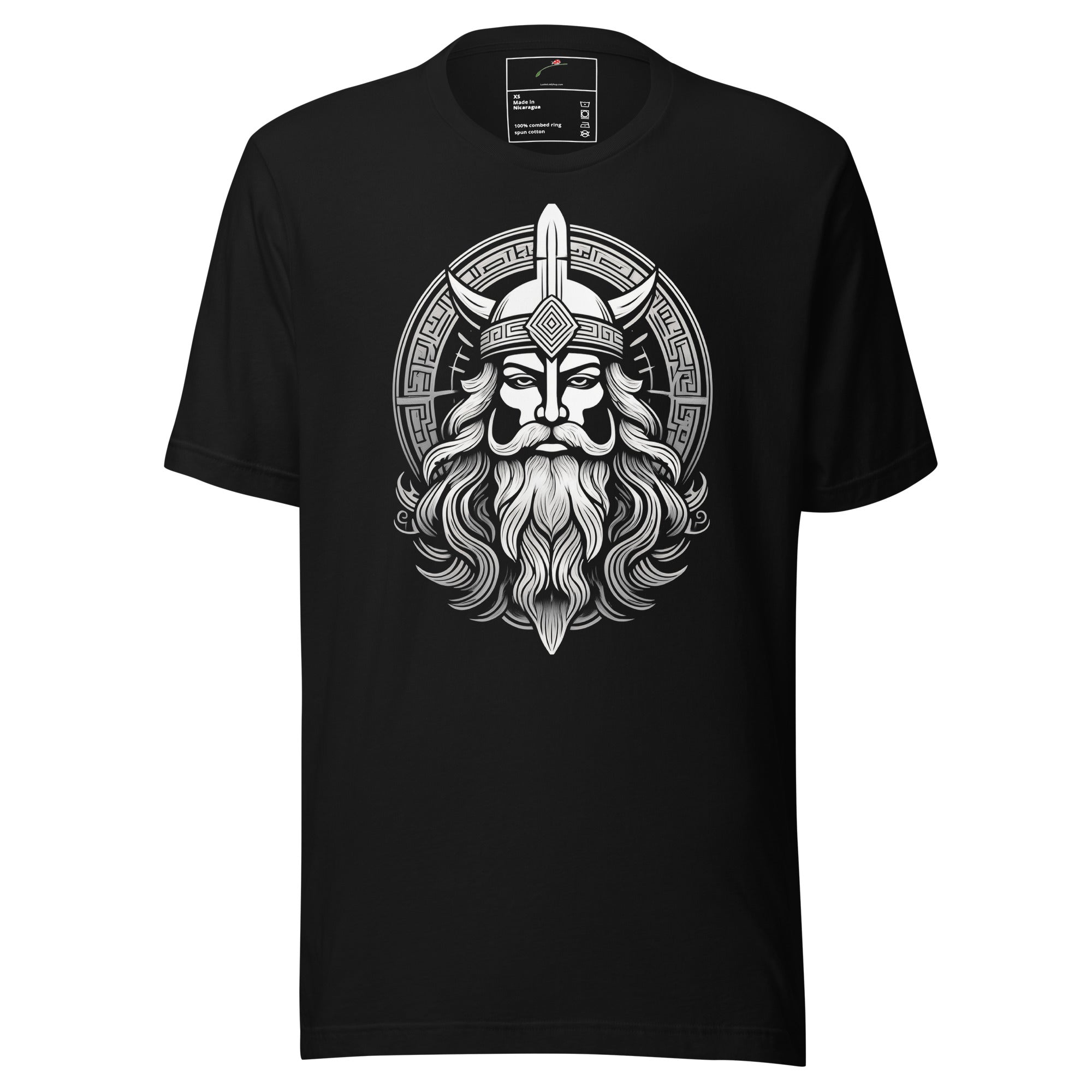 Black mythical Norse t-shirt with detailed Viking warrior graphic and intricate Nordic design