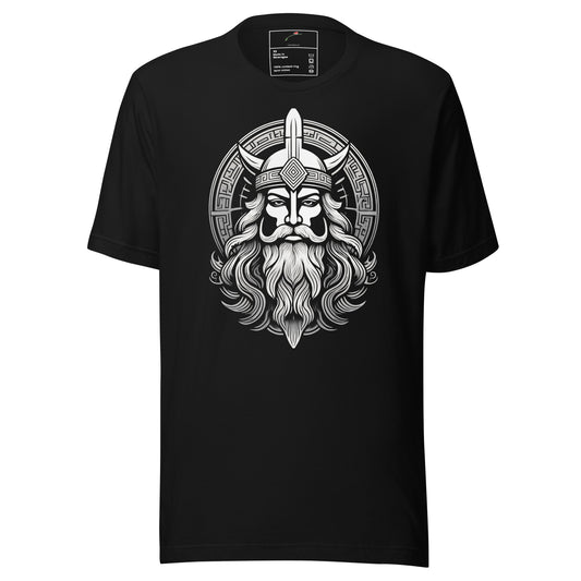 Black mythical Norse t-shirt with detailed Viking warrior graphic and intricate Nordic design
