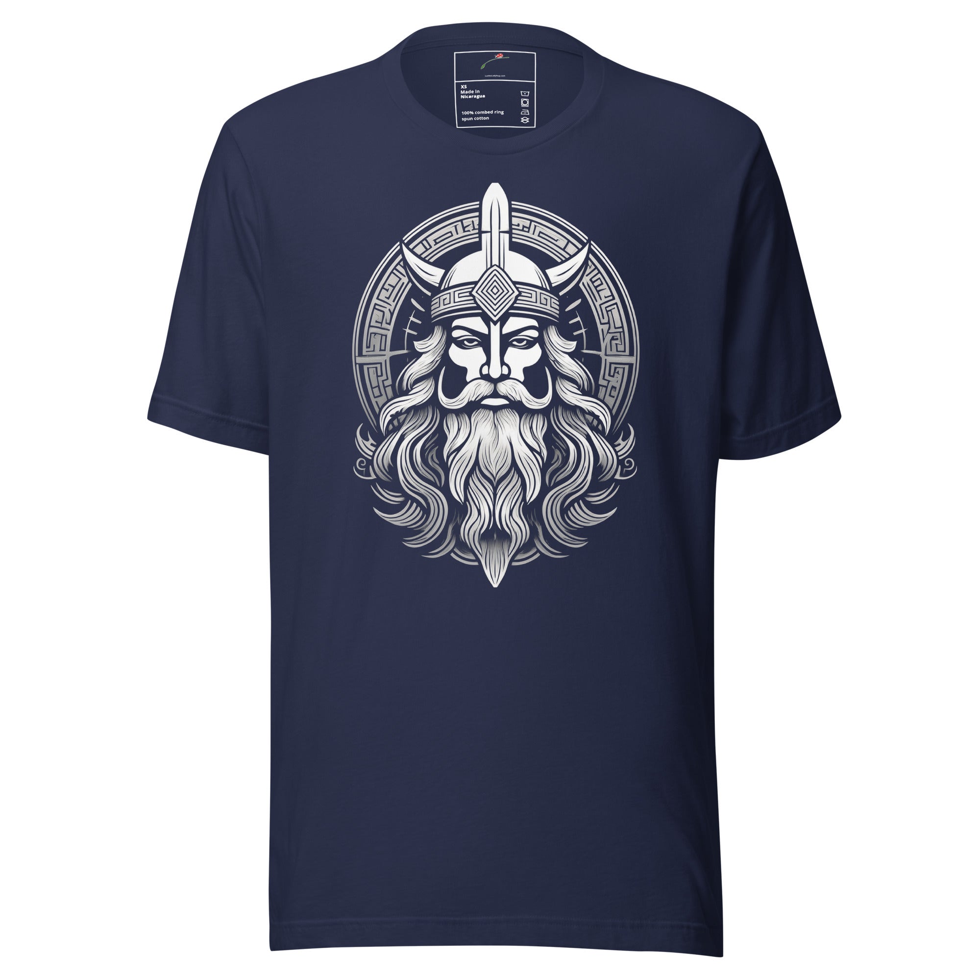 Navy blue mythical Norse t-shirt featuring a detailed Viking warrior with a helmet and long beard