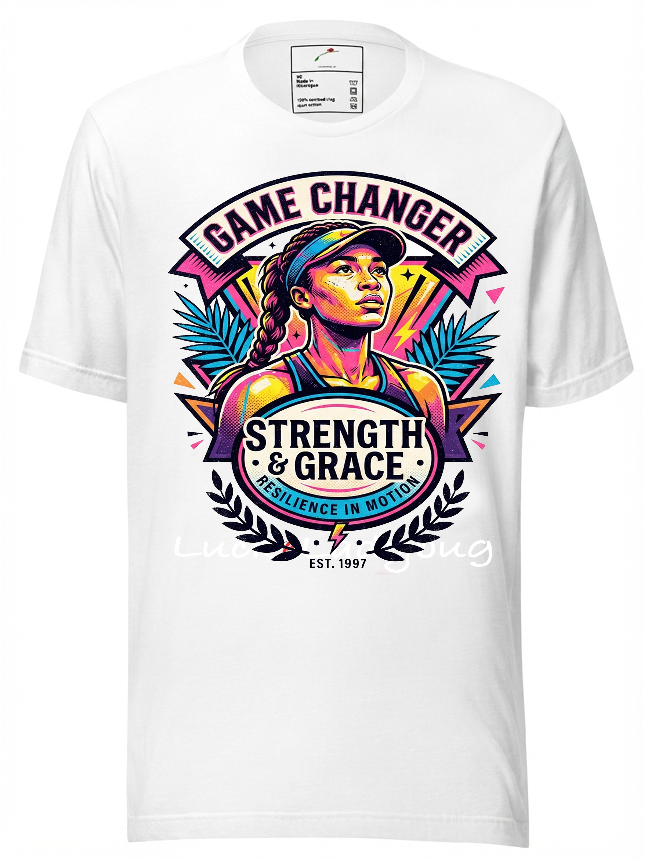 LuckeLadybug Naomi Osaka Game Changer T-Shirt in White with Colorful Graphic Design