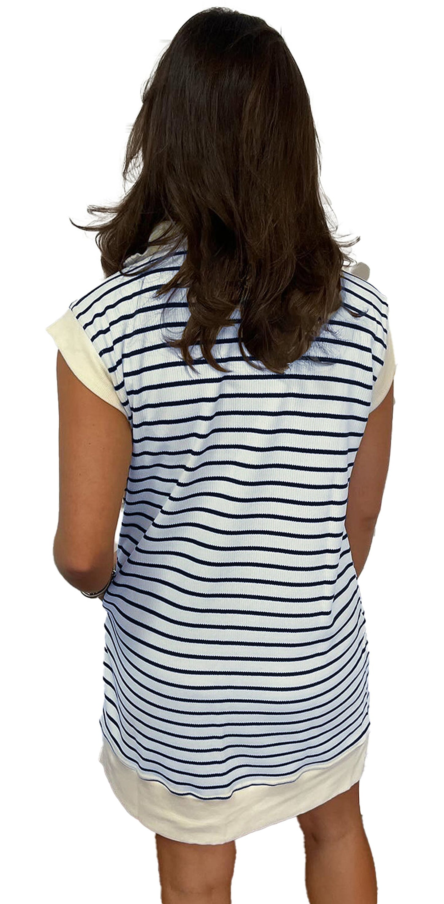 Back view of a navy blue quarter zip mini dress with stripes and a soft hemline
