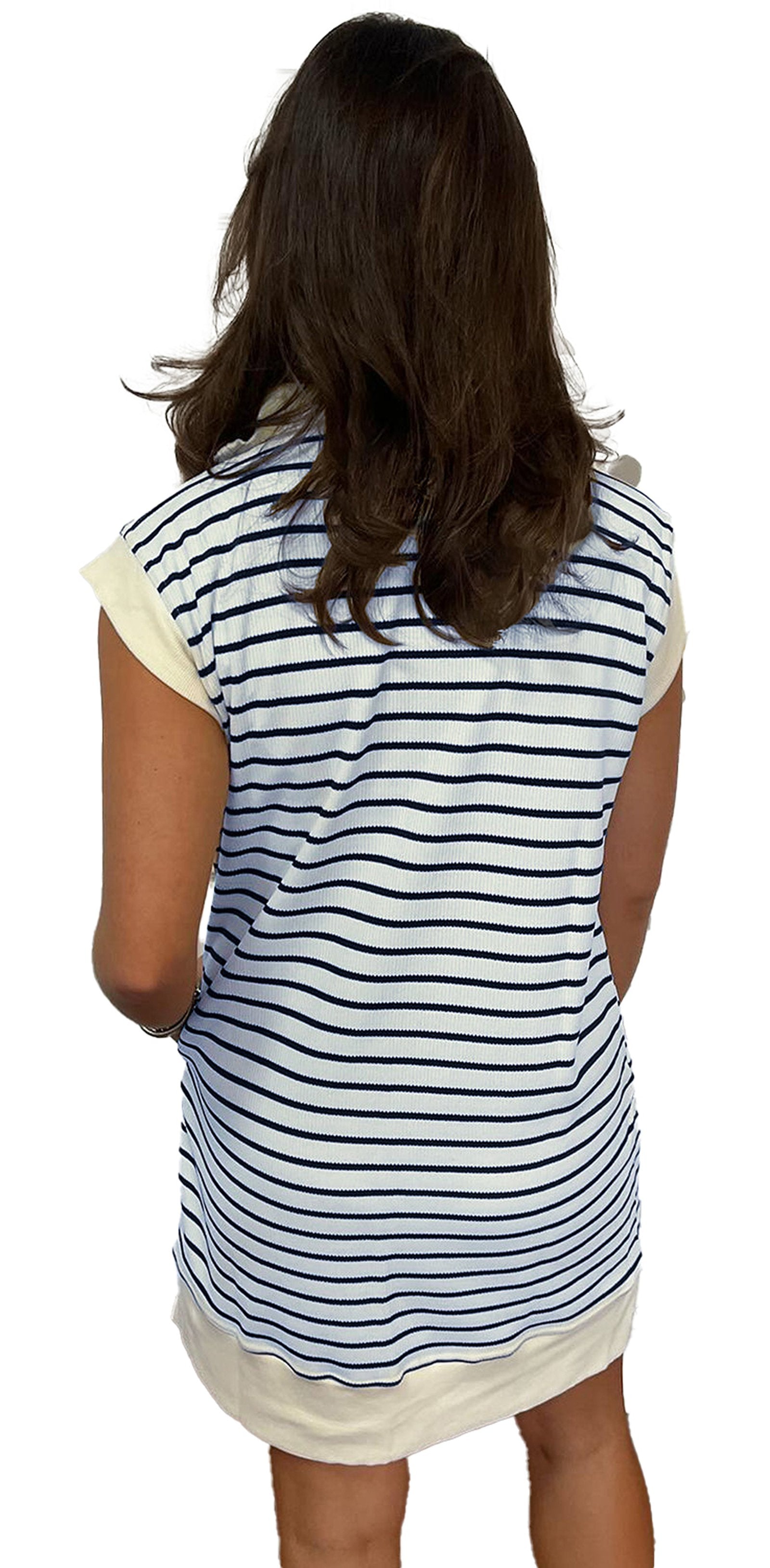 Back view of a navy blue quarter zip mini dress with stripes and a soft hemline
