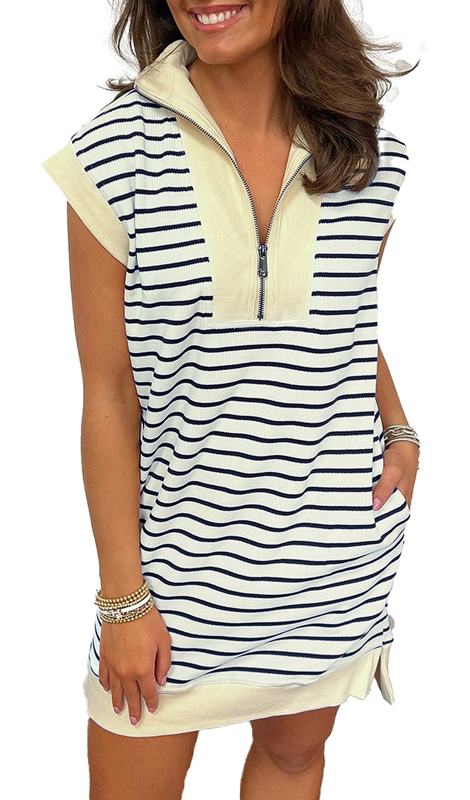 Navy blue quarter zip mini dress with striped pattern and short sleeves for casual summer wear