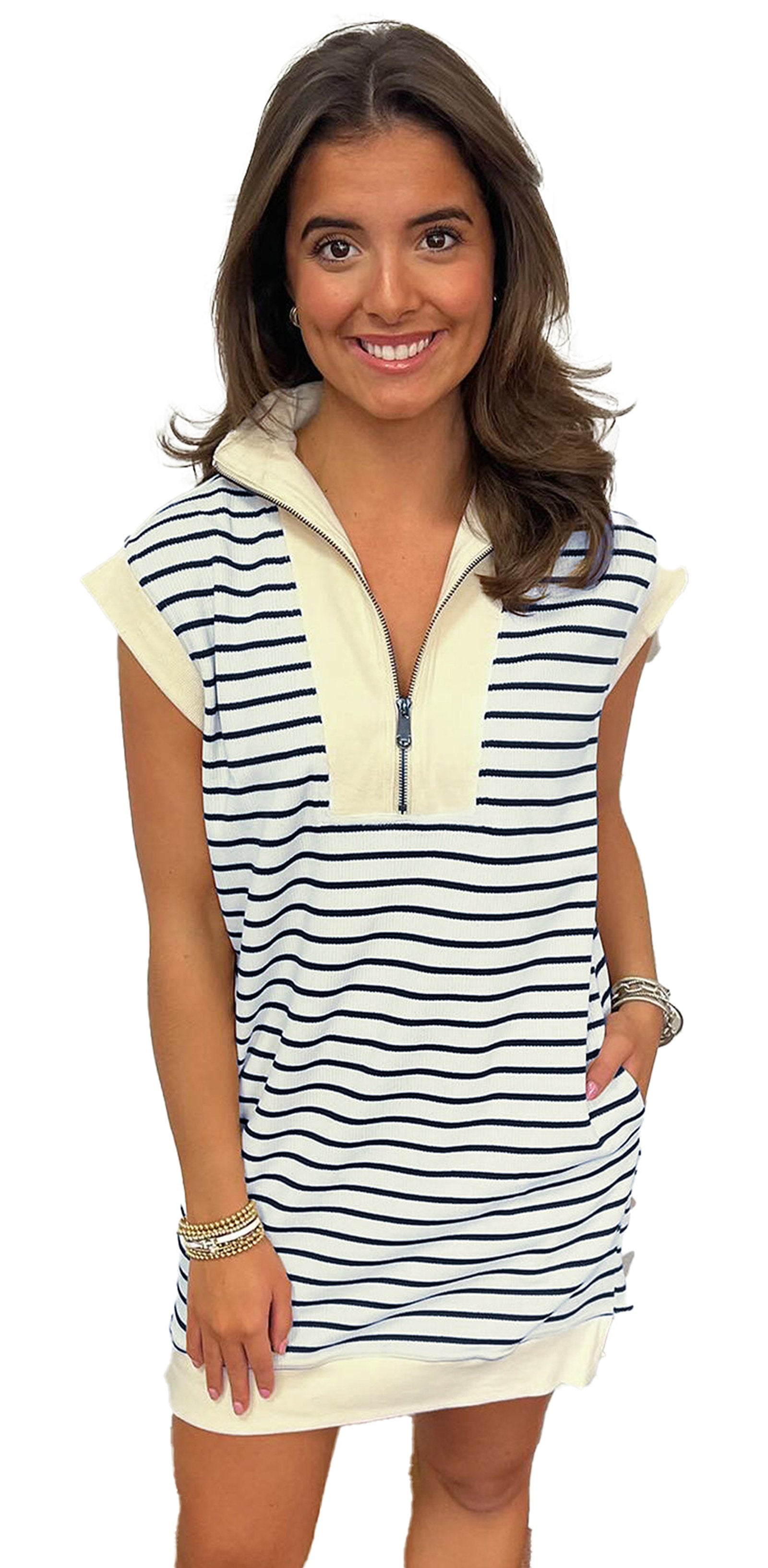 Navy blue quarter zip mini dress featuring striped design and short sleeves for casual style