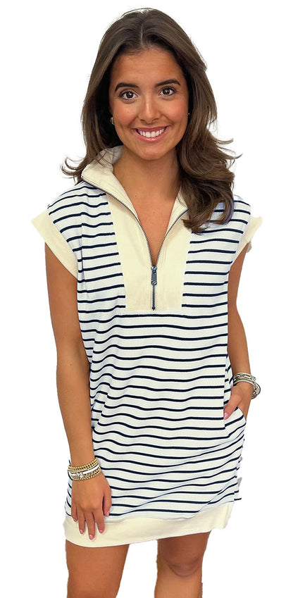 Navy blue quarter zip mini dress featuring striped design and short sleeves for casual style