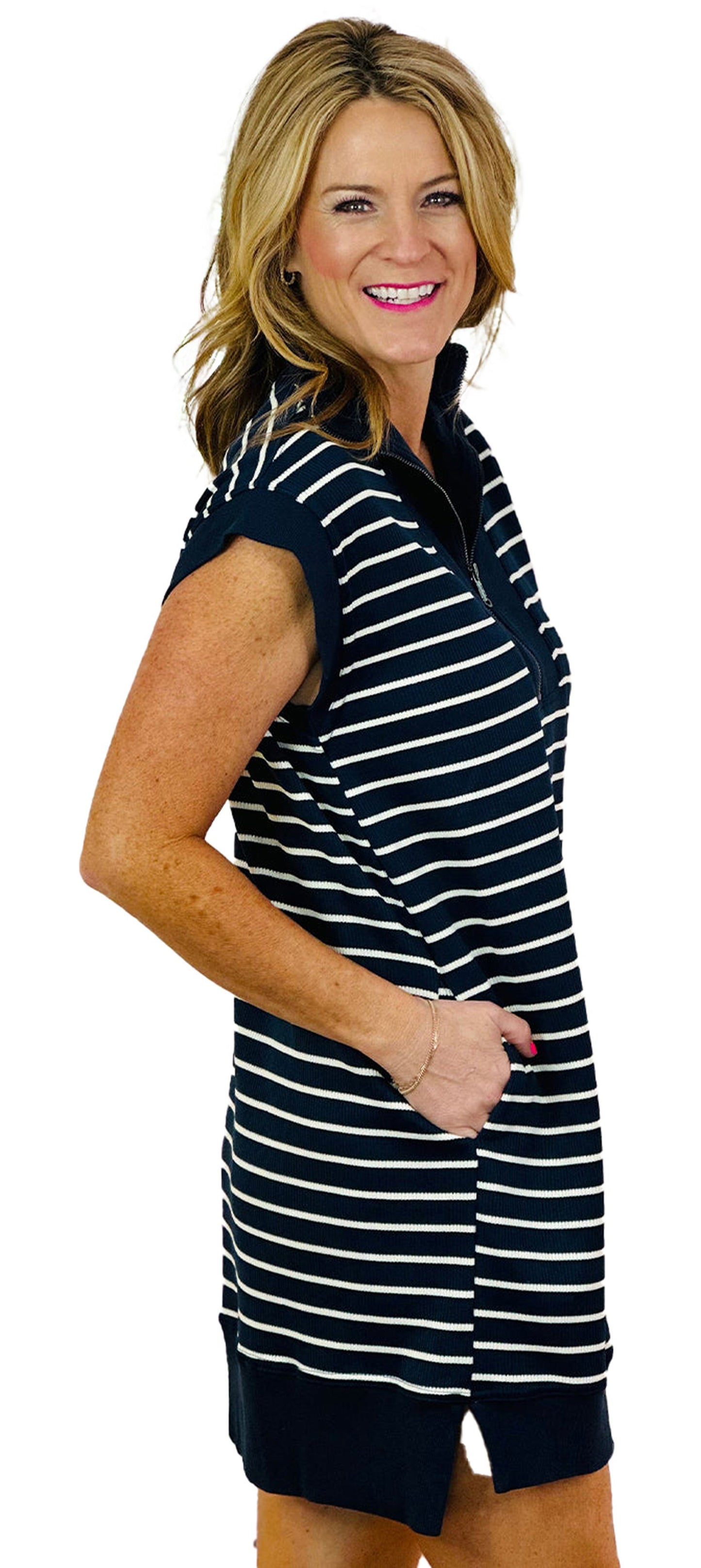 Navy blue quarter zip mini dress by LuckeLadybug with striped design and side pockets