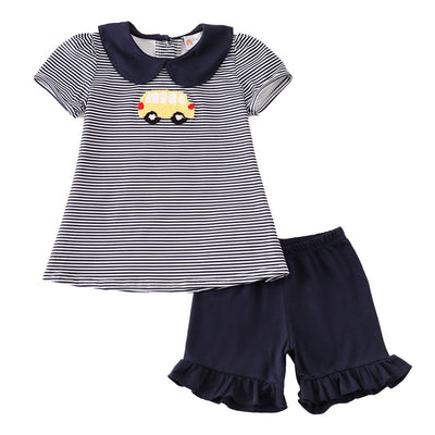 Adorable Navy Bus French Knot Girl Set For Stylish Babies And Toddlers - LuckeLadybug LLC