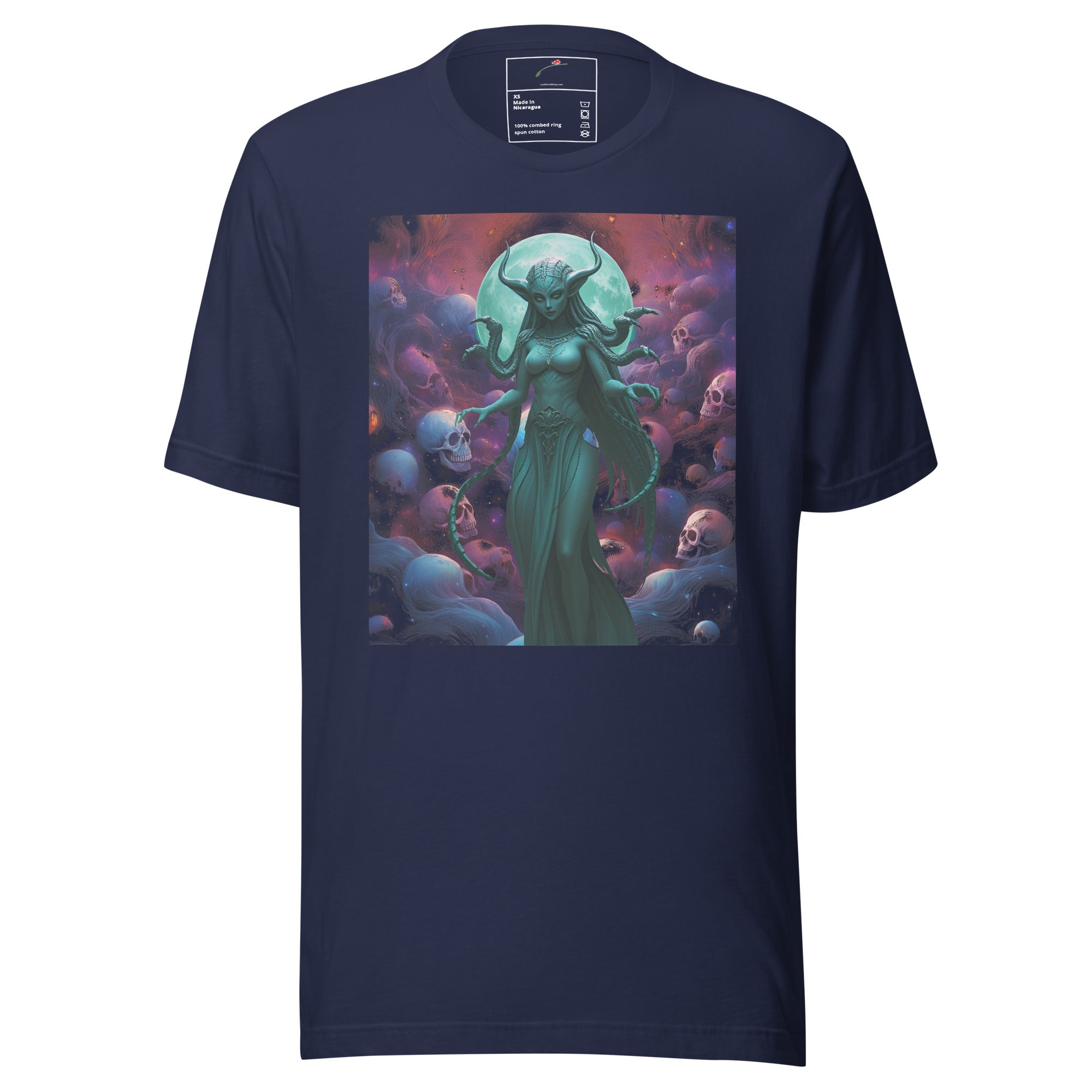 LuckeLadybug navy t-shirt featuring intergalactic alien tee graphic with otherworldly female alien and skulls
