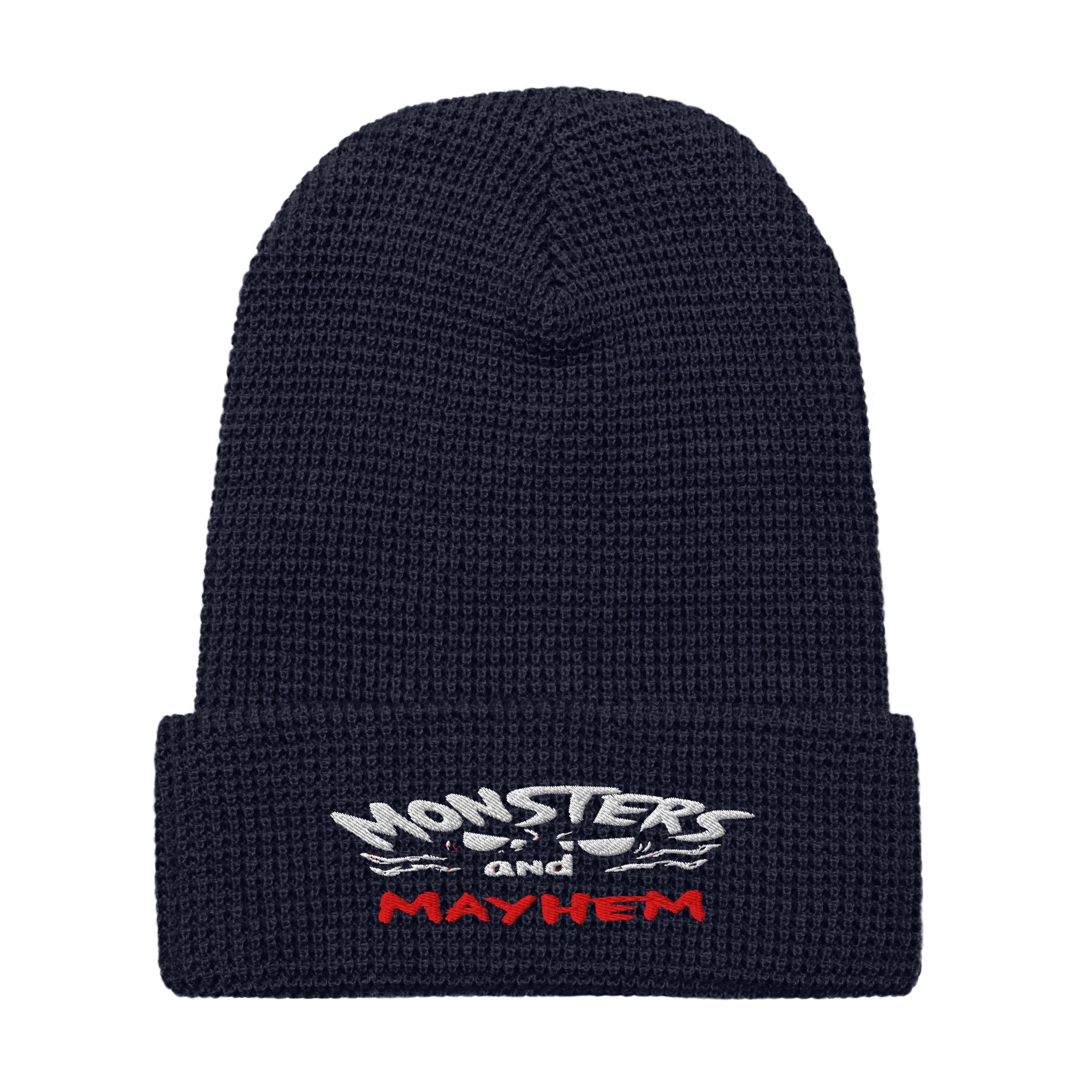 LuckeLadybug waffle beanie in navy with embroidered monsters and mayhem beanie text on front cuff
