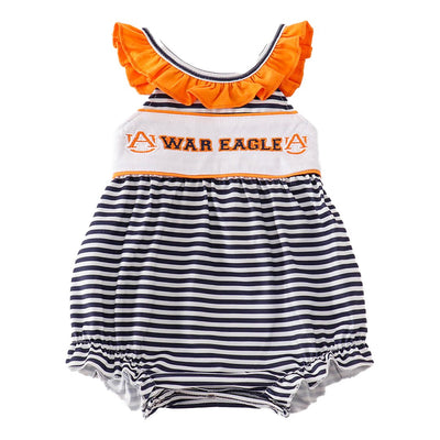 Adorable Navy War Eagle Embroidery Stripe Bubble For Stylish Baby Girls - LuckeLadybug LLC