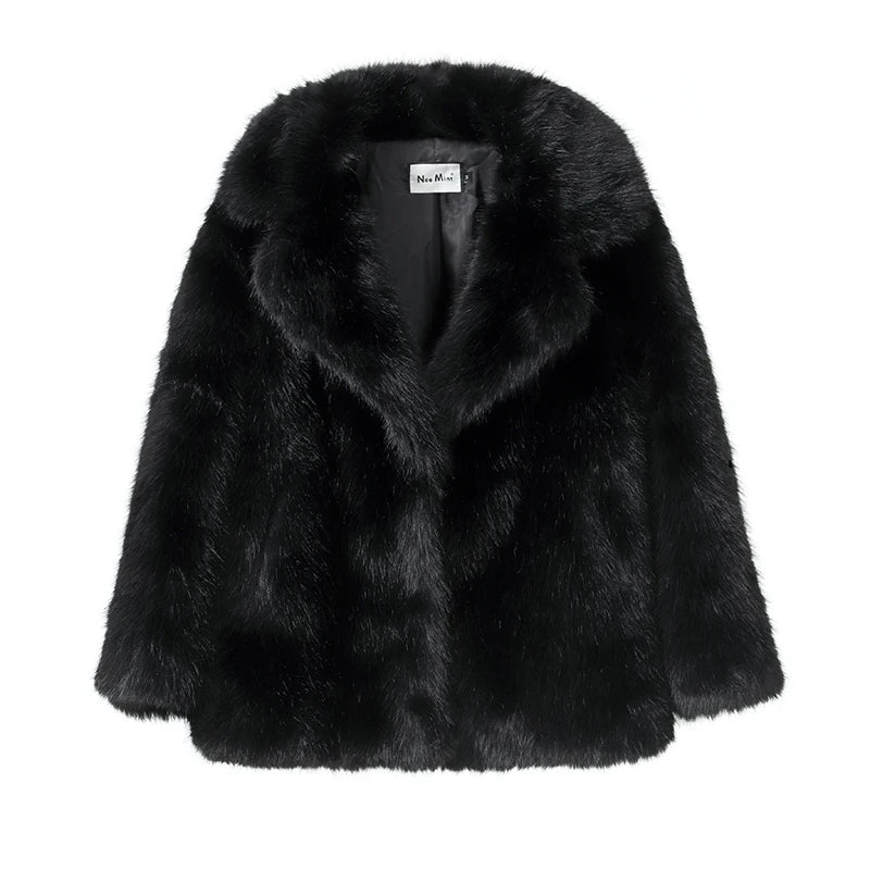 Chic black faux fur coat for women by LuckeLadybug LLC, stylish and cozy for any occasion.