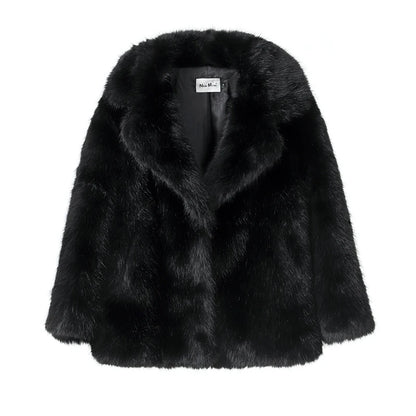 Chic black faux fur coat for women by LuckeLadybug LLC, stylish and cozy for any occasion.