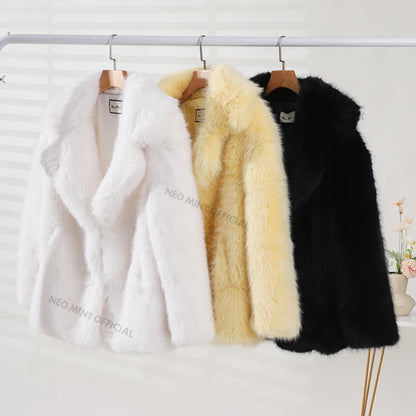 Stylish neo mint faux fur coat for women available in white, yellow, and black colors
