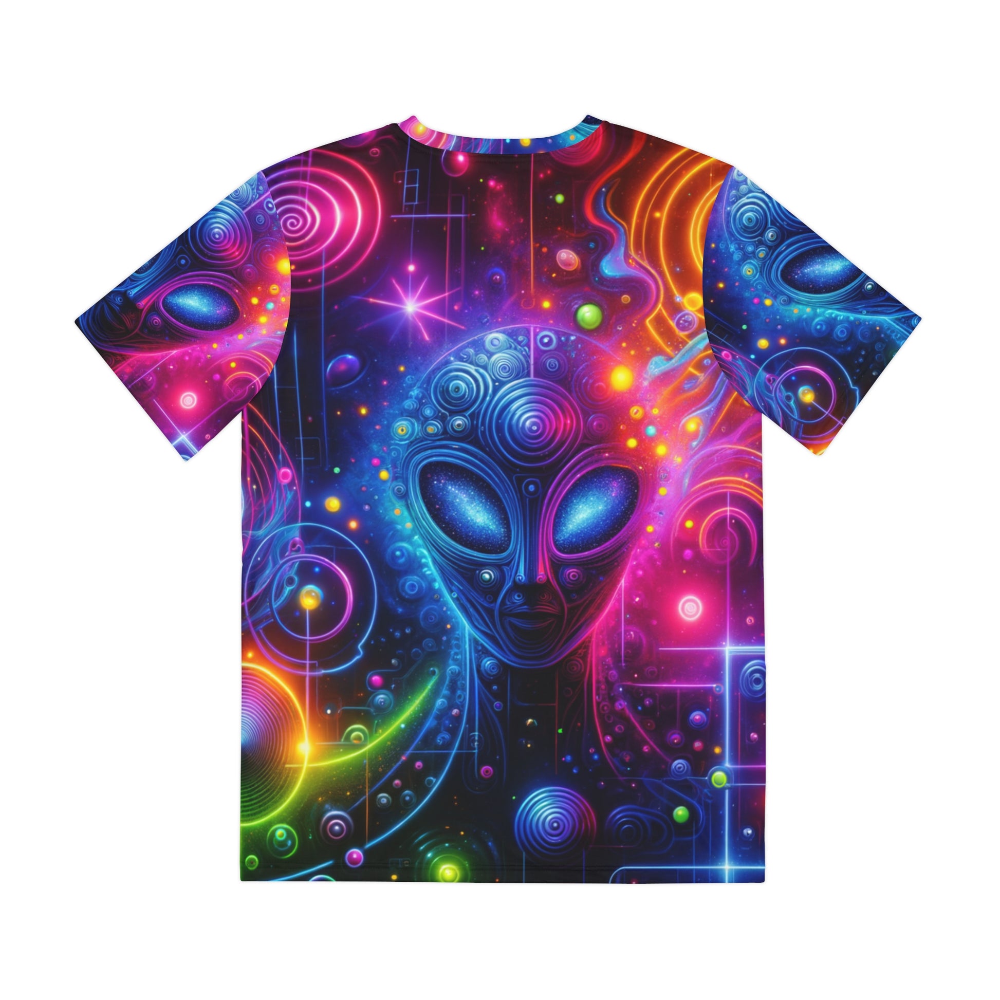 LuckeLadybug neon alien graphic t-shirt featuring vibrant colors and cosmic designs