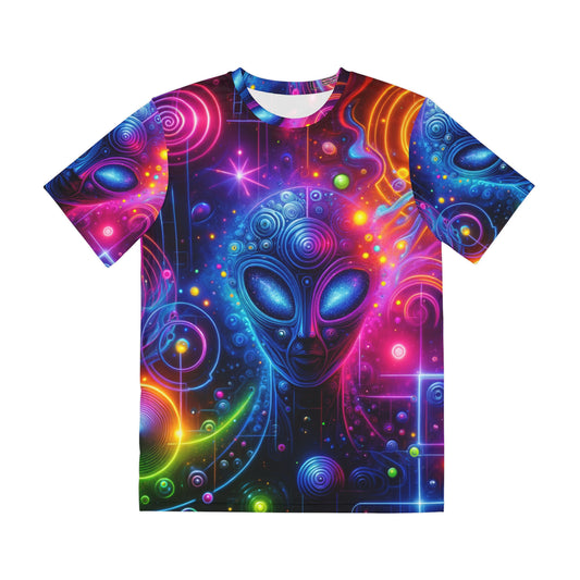 Colorful neon alien graphic t-shirt featuring vibrant designs and cosmic imagery