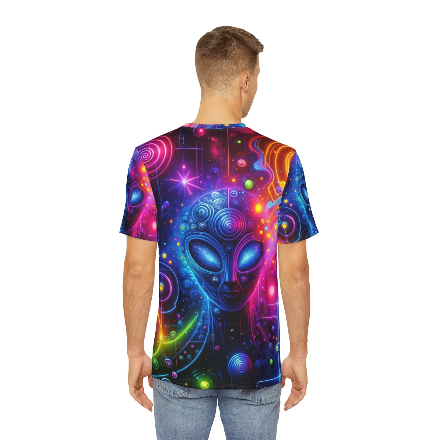 Men's neon alien graphic t-shirt featuring vibrant, colorful alien design on a black background