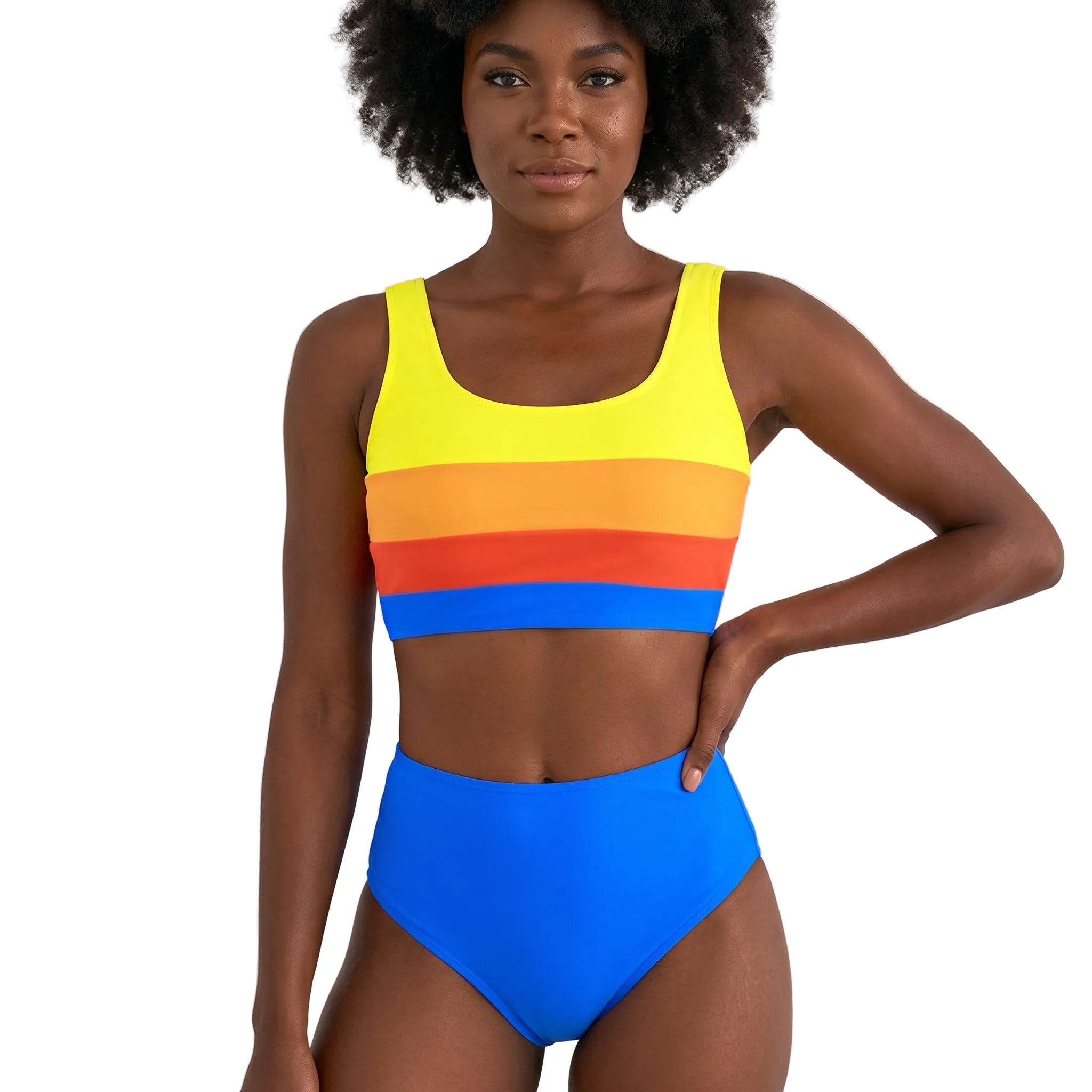 Blue Colorblock Square Neck Top Pleated High Waisted Bikini