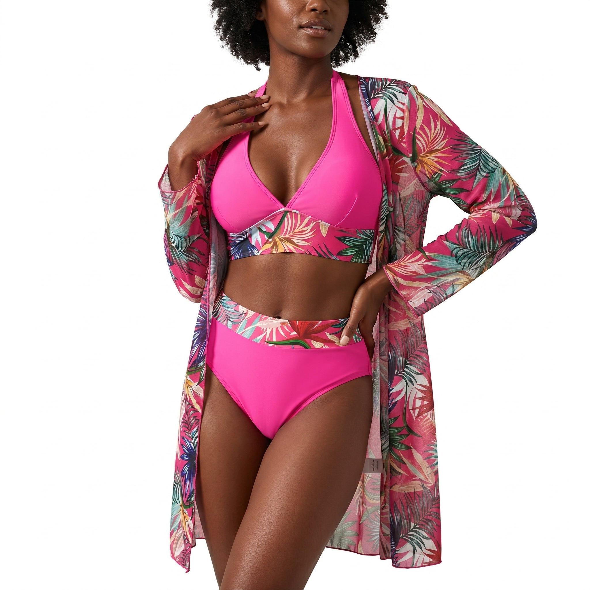 3 Piece Halter Bikini With Cover Up Pink Tropical Set