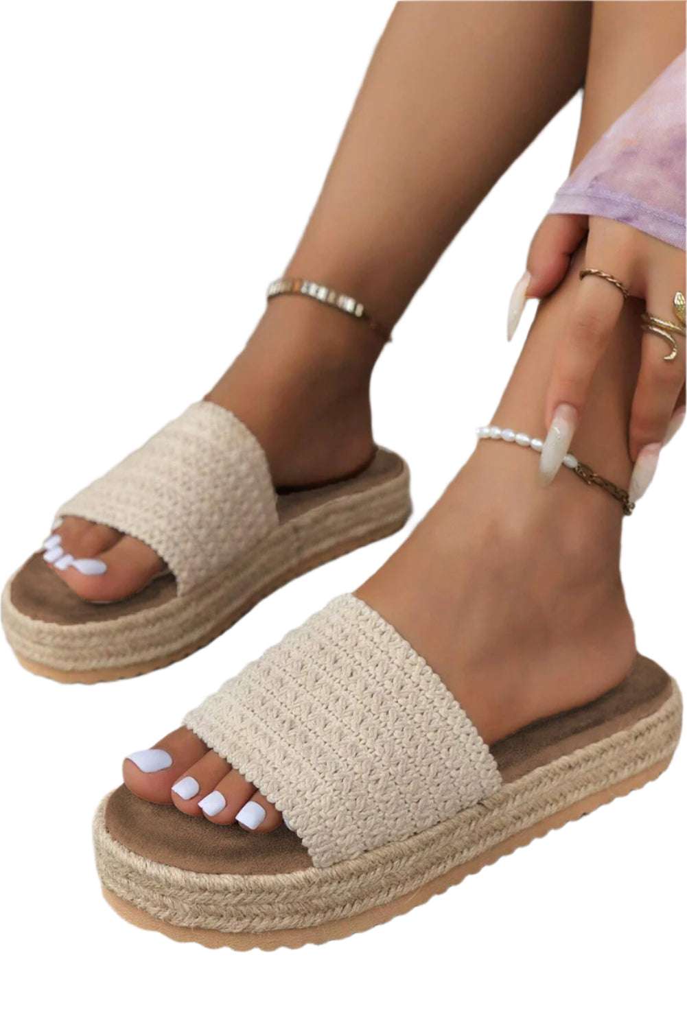 LuckeLadybug LLC non-slip woven sandals for women in beige with open toe and platform sole
