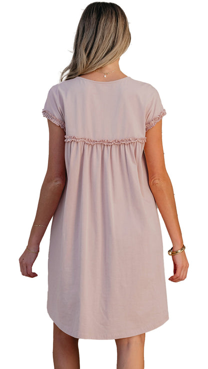 LuckeLadybug oatmeal frilled trim mini dress with short sleeves and relaxed fit