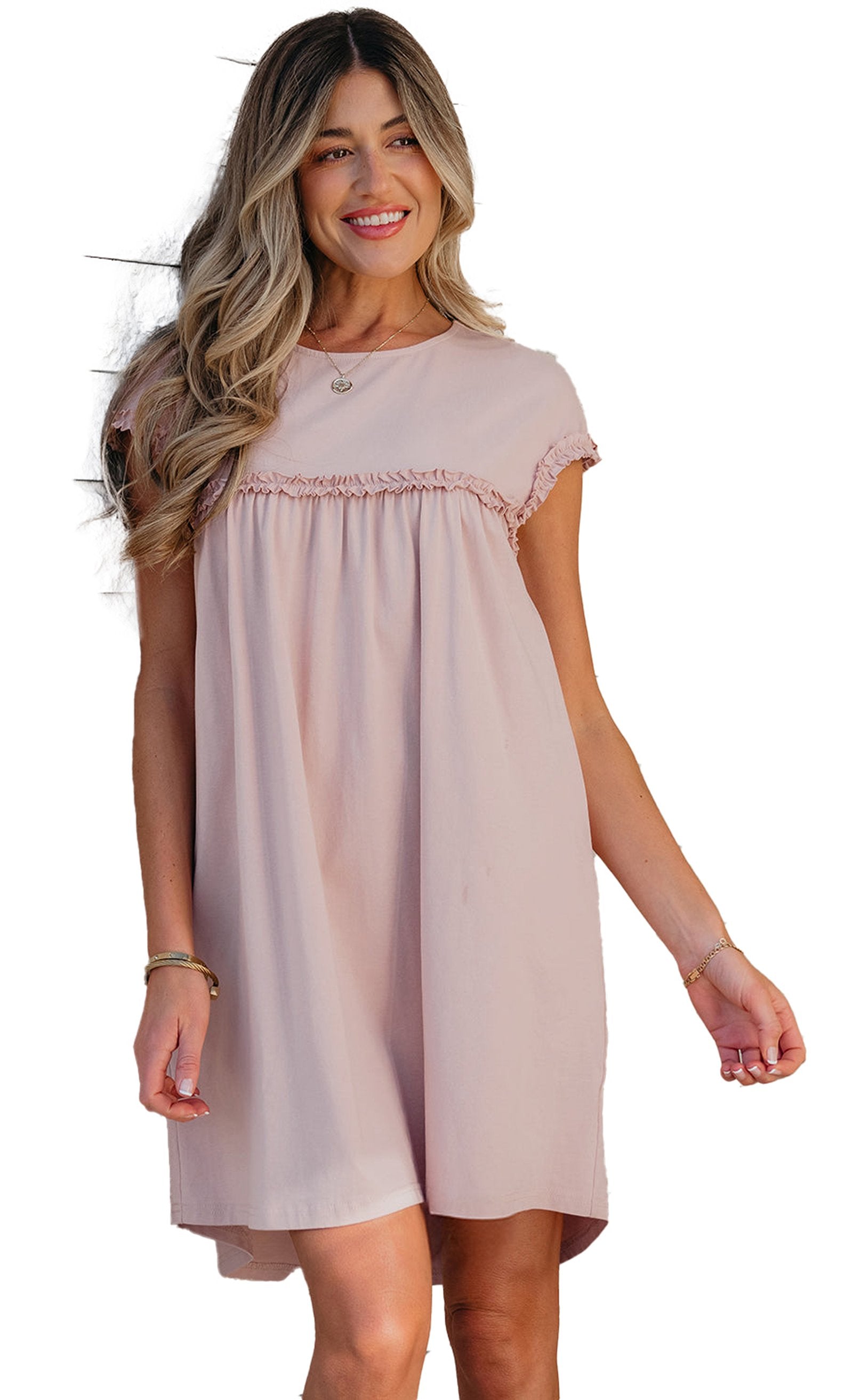 LuckeLadybug oatmeal frilled trim mini dress with a relaxed fit and cap sleeves